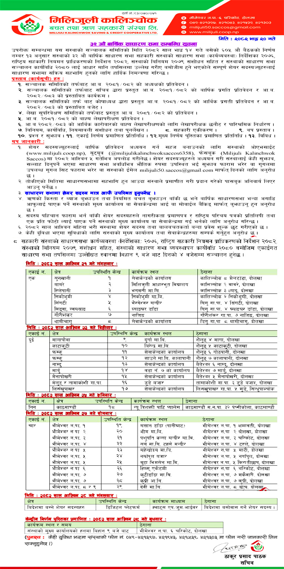 Milijuli Kalinchowk Saccos AGM Notice 2082