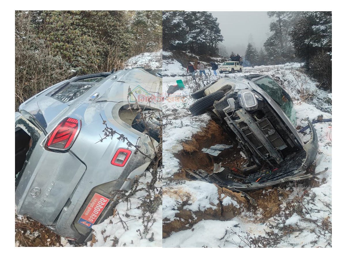 हिउँमा चिप्लिएर कालिञ्चोक जाँदै गरेको कार दुर्घटना